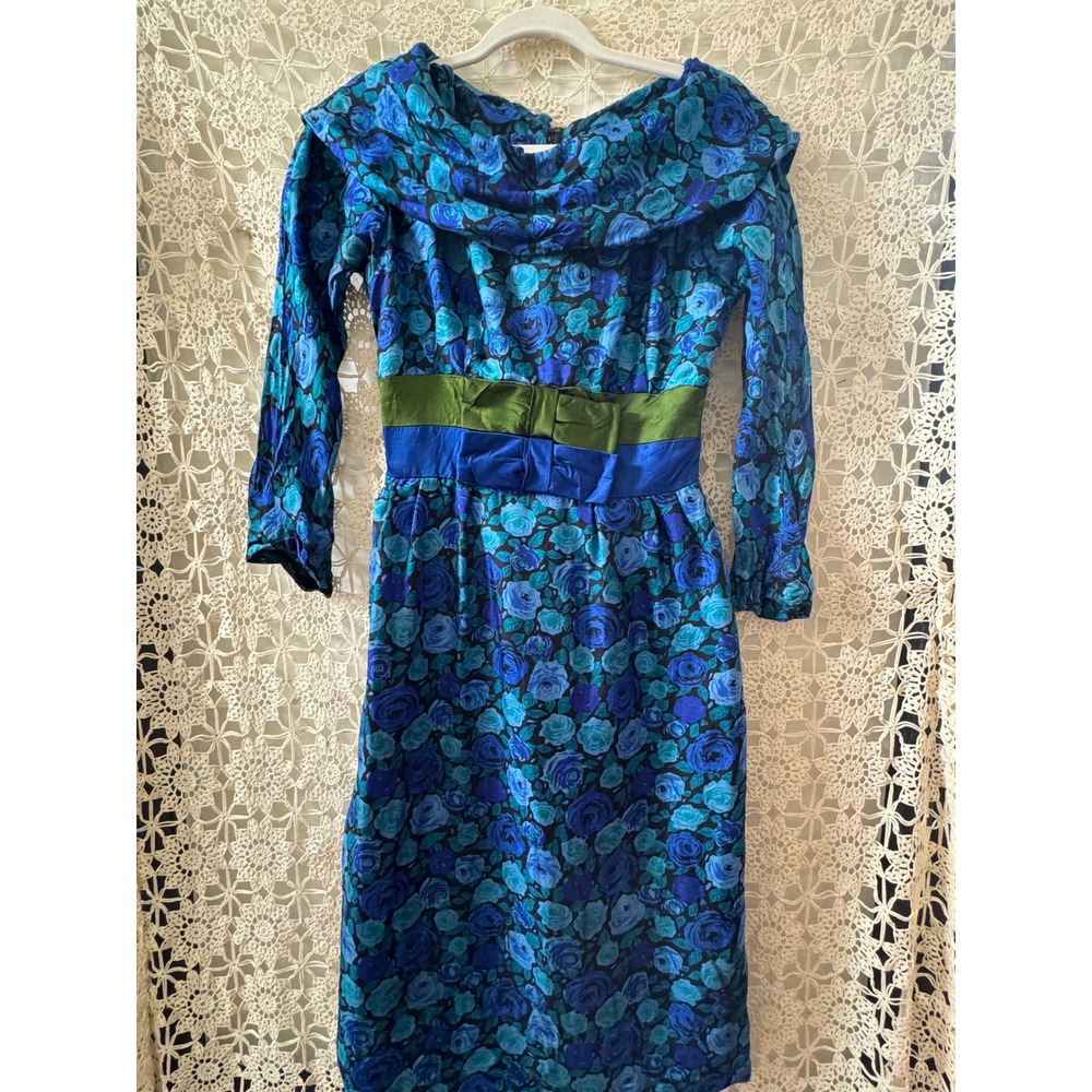 Vintage Teal Blue Rose‎ Print Dress Sz S